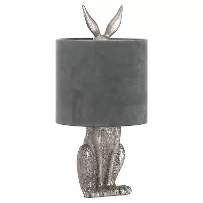 50cm Antique Silver Hare Rabbit Bedside Table Lamp With Grey Velvet Light Shade • £69.99