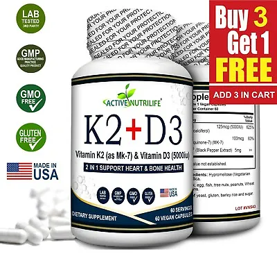 $11.98 • Buy Vitamin K2 (MK7) With D3 5000 IU Supplement With BioPerine, 60 Veggie Capsules