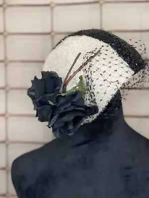 Vintage Ladies Black & White Hat With Netting Veil. Derby Hat. Wedding Church • $16