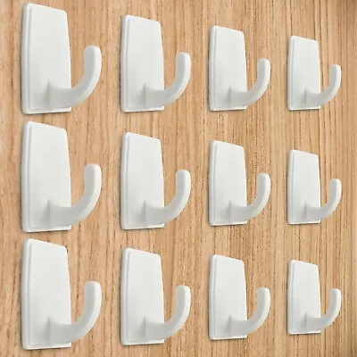 £3.98 • Buy 12x SELF ADHESIVE STICKY HOOKS White Wall Hangers STRONG PLASTIC Small Door Pegs