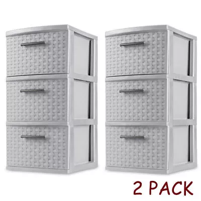 2 PACK Plastic Storage Tower 3 Drawer Cabinet Dresser Bedroom Weave Furniture US • $35