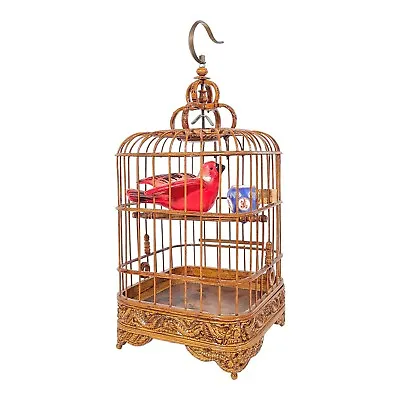 Vtg Wooden Birdcage Asian Detailed Carved Wood Bird Cage With Vtg Chalkware Bird • $65