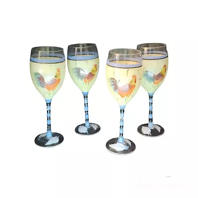 Rooster WineGlasses Hand Painted/Painted Chicken Wire Background Set Of 4 • $35