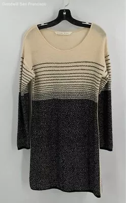 Athleta Womens Black Ivory Fireside Striped Merino Wool Knitted Sweater Dress M • $34.99