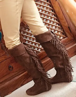 SUEDE FRINGE BOOTS By MINNETONKA MOCCASIN BOOTSKNEE HIGH BOOTS UK 2.5 Eu 35.5 • £34.99