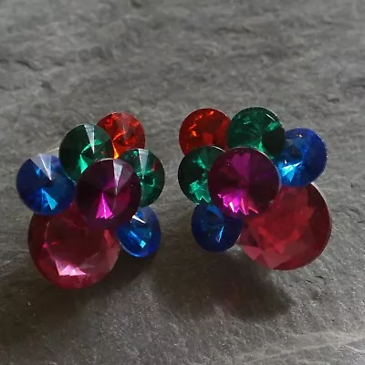 Vintage Clip-On Earrings - Plastic Rhinestones Clusters Colorful • $6.49