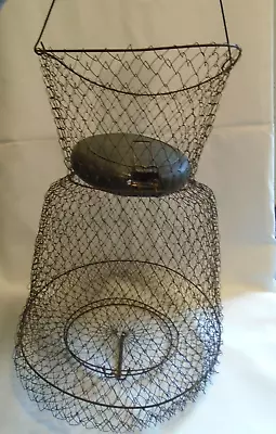 Vintage Metal Wire Collapsible Fish Net With Float Live Bait Basket • $18