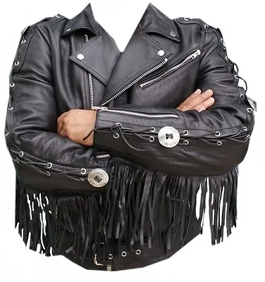 Men Western Wear Cowboy Brando Black Leather Fringe Biker Jacket Concho Mj1 • $123.18