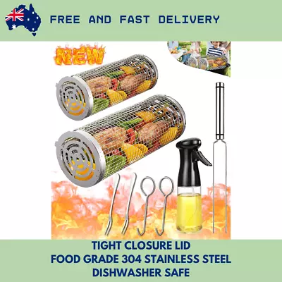 Rolling Grilling Basket Veggies Grill Accessories Bbq Net Tube Tools Set Barbecu • $52.95