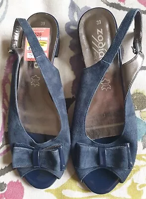 Navy Low Heel Suede Slingback Peep Toe Shoes ZODIACO 39 ( 6 ) NWT • £11