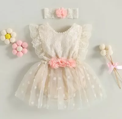 Baby Girl Birthday Cake Smash Outfit Baby Romper Dress Headband Girls Partywear • £16.99