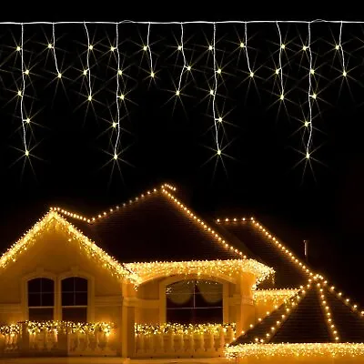 6M 300LED Warm White Christmas Icicle Fairy Lights Waterproof 8H Timer 8 Modes • £18.99