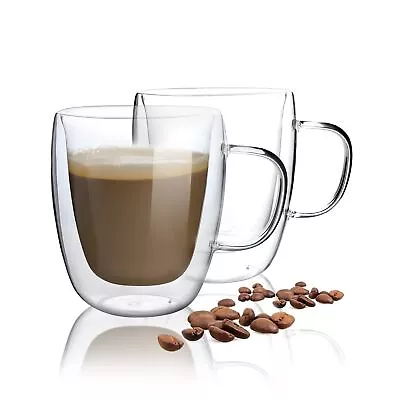 15 Oz Double Walled Glass Coffee Mugs Set Of 2 Clear Insulated Coffee Cup Wi • $17.53