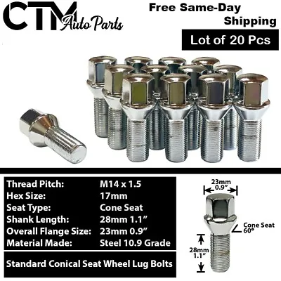 20x Chrome 14x1.5 Cone Seat Lug Bolt 28mm Shank Fit Volkswagen Aftermarket Wheel • $26.67