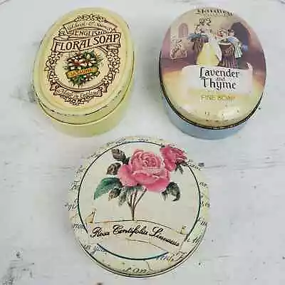 Vintage Soap Metal Tins SET OF 3 W/ Old Soaps Inside 2.5-3  Collectible • $10.80