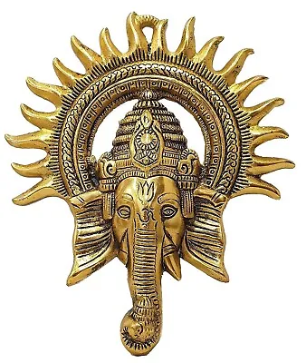 Golden Lord Ganesha With Sun Decorative Metal Wall Hanging Antique Showpiece • $45.89
