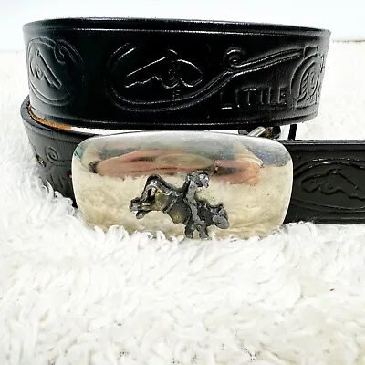 Black Little Deputy Leather Belt Silver Bucking Bull Cowboy Buckle Boys Size 26 • $25.95