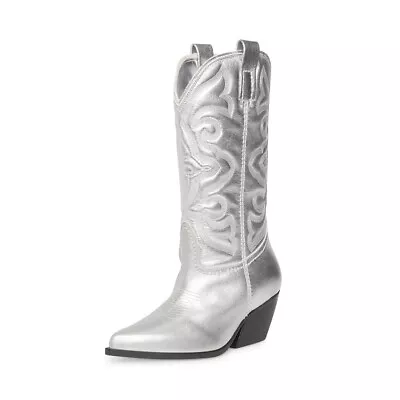 Steve Madden West Silver Leather Pull On Pointed Toe Block Heel Western Boots • $69.95