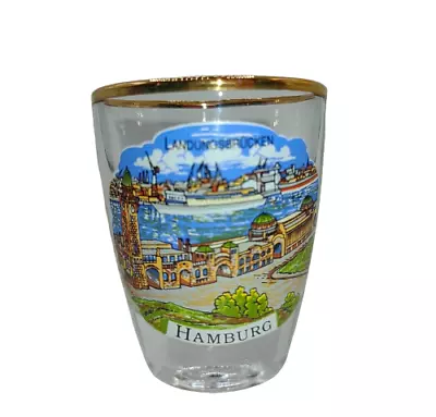 Vintage Hamburg Germany Landungsbrucken Gold Trim Souvenir Shot Glass Man Cave • $14