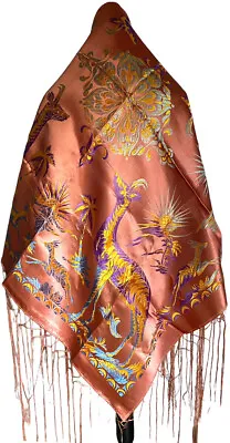 Antique Apricot Piano Shawl Manila Shawl - Flower Deer Embroidered Design Silk • $99.99