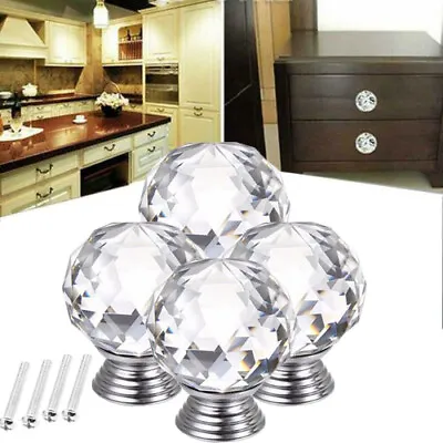 4X Crystal Glass Door Knobs Diamond Drawer Cabinet Furniture Handle Knob Kitchen • £5.99