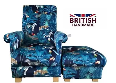 Armchair Chair & Footstool Tropical Velvet Fabric Teal Blue Nursery Animals New • £379.99