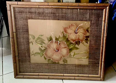 VTG TIP FREEMAN Hawaiian Hibiscus Flowers/Bamboo Framed Painting Signed 29”x25” • $249.99