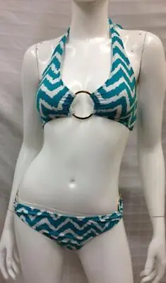 MILLY CABANA Santorini Halter Bikini 2 Piece Swimsuit AQUA Blue White Sz S NWT • $24.74