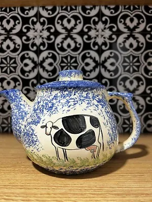 Molly Dallas Spatterware Folk Art Pottery Blue Small Country Teapot 5  Tall VGC • $20