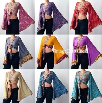 Indian Vintage Silk Sari Bell Sleeve Crop Top Retro 60s Clothing Lot Of 10 Pcs • $199.94