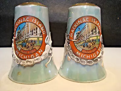Souvenir Mackinac Island Mich. Dragon Ware Porcelain Salt & Pepper Shakers. • $6