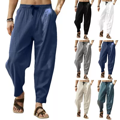 Men's Summer Casual Baggy Trousers Cotton Linen Wide Leg Loose Harem Pants New • $18.02