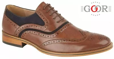 Mens Faux Leather Brogue Oxford Shoes Goor Smart Formal 2 Tone Suede Navy Tan • £22.50