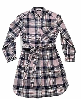 F&F Mink/Navy Plaid Cotton Flannel Button Front Belted Shirt Dress UK 6 • £6