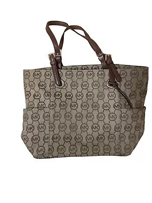 Michael Kors Jet Set Travel Top Zip Signature Monogram Tote Handbag W Wallet • $50