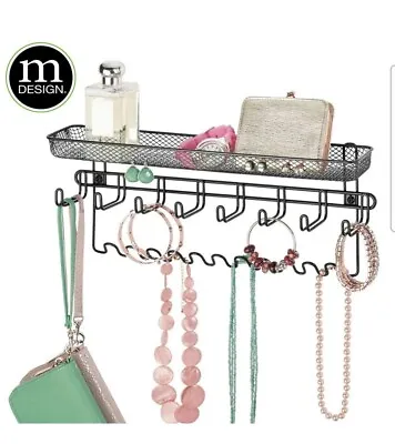 MDesign Metal Wall Mounted Jewellery Storage Organiser Rack Shelf 19 Hooks New • £10