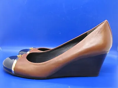 NEW Tory Burch Pacey Brown Leather Black Cap Toe +gold Bar 2.5  Wedge Heel • $89.99