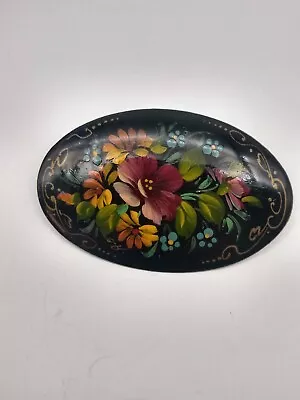 Vintage Hand Painted Lacquer Brooch Pin Unsigned Flowers Oval • $7.99