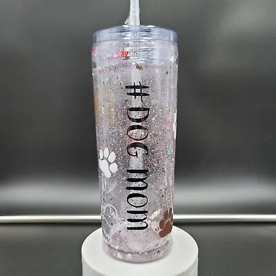 Dog Mom Tumbler Skinny Snow Globe Hearts Bones Love Animal Glitter Cold Cup • $24.95