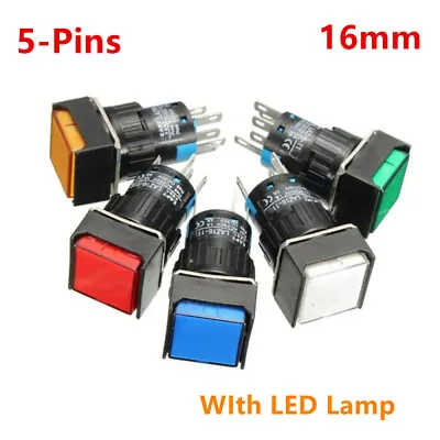 16mm Square Latching Push Button Switch 5-Pins Self-reset LED Light 5/12/24/220V • $4.03