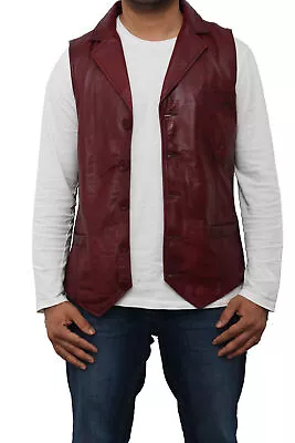 Men Burgundy Orignal Waistcoat Button Western Vest Coat Jacket Leather Lambskin • $117.75