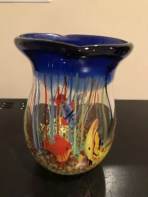 Hand Blown Art Glass Vase With Fish & Confetti Cobalt Blue Rim 6.25  • $30