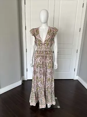 HEMNANT & NANDITA Maya Cotton Long Pink & Lime Green Floral Print Dress M $422 • $50