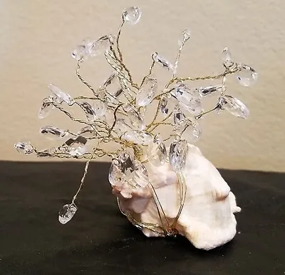 Gold Twisted Wire 4  Tree On Shell - Small Clear Gemstones - Bonsai Sculpture • $11