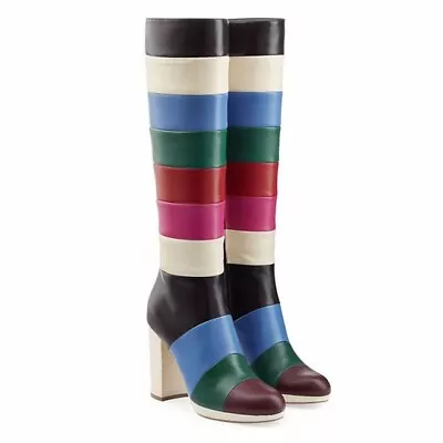 Women's Punk Multi-Color Round Toe Block Heels Retro Knee High Boots Party Shoes • $133.80