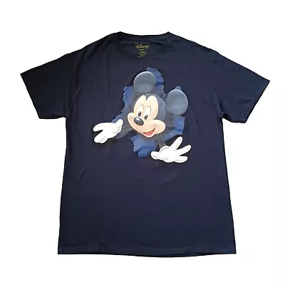 Disney Mickey Mouse Mens T Shirt Large Navy Blue Double Sided Graphic Cotton • $11.19