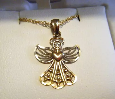 New / Box / Gift 10k Yellow &White Gold Guardian Angel Pendant On 18  Chain • $60