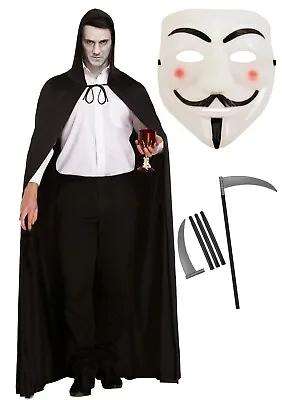V For Vendetta Mask Long Black Hooded Cape Grim Reaper Scythe Halloween Horror F • £11.39
