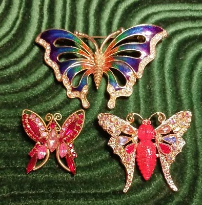 Beautiful Gold Tone Butterfly Brooch Lot Of 3 Rhinestone Enamel Spring Summer • $9.99