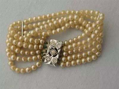 Vintage Japanese Faux Pearl Five Strand Bracelet Rhinestone Clasp • $20